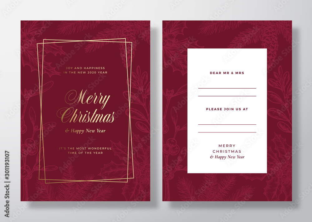 Christmas and New Year Abstract Vector Greeting Card, Poster or Background. Back and Front Invitation Design Layout with Classy Typography. Sketch Pine Twigs, Mistletoe. Golden Gradient Invitation
