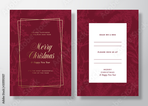 Christmas and New Year Abstract Vector Greeting Card, Poster or Background. Back and Front Invitation Design Layout with Classy Typography. Sketch Pine Twigs, Mistletoe. Golden Gradient Invitation