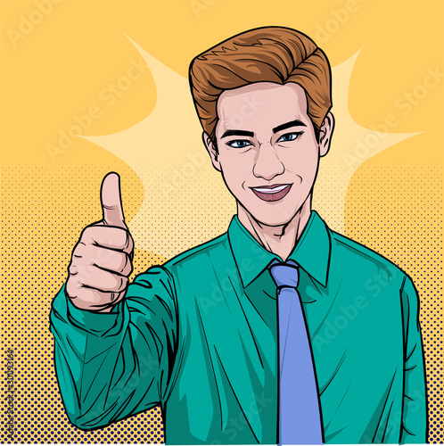 People be exultant Business people raise hands and rejoice Illustration vector On pop art comics style Abstract dots background