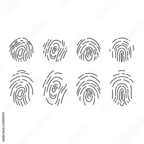 Fingerprint icon isolated. Identification symbol. Biometric authorization. Concept Cyber security. Fingerprint types vector set. Id app vector line sign.