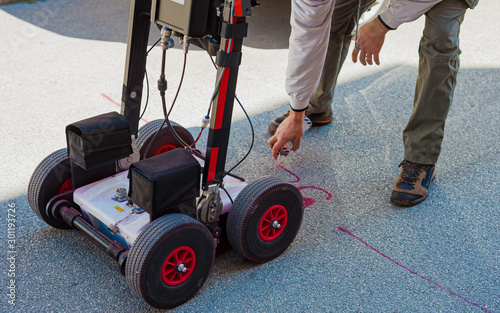 The GPR is a noninvasive method used in geophysics. It is based on the analysis of electromagnetic waves transmitted into the ground reflections. photo