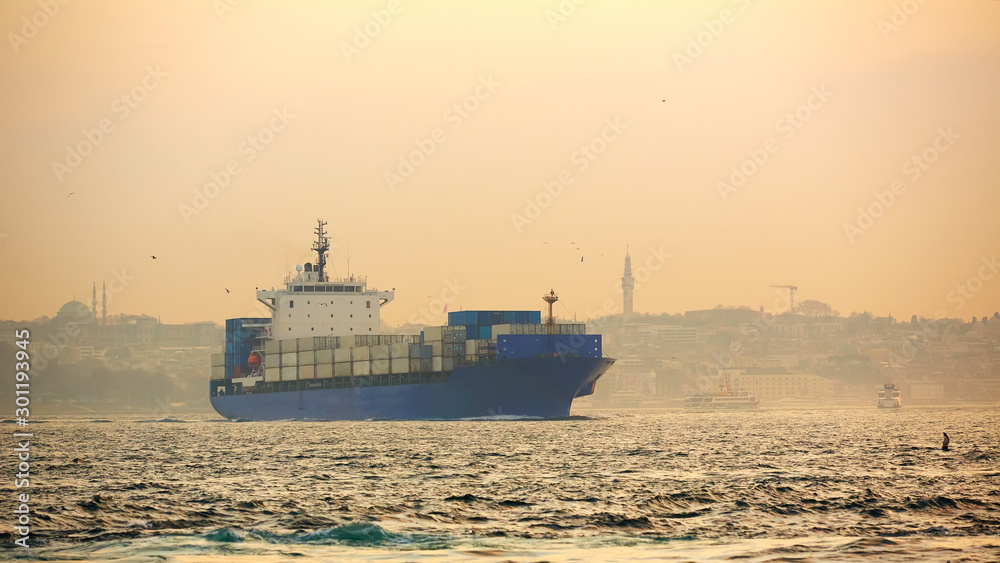 Container ship in the Bosphorus Strait. Istanbul, Turkey.