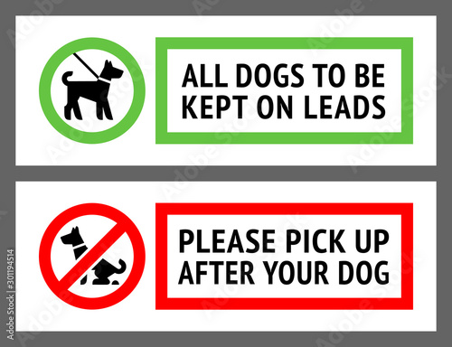 No dog fouling, or dogs kept on a lead labels, new vector illustration