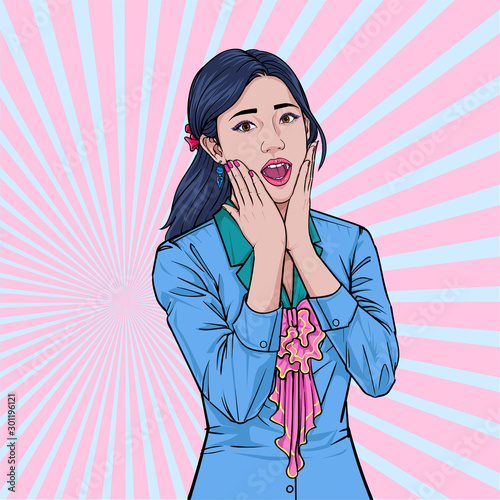 Asian women Lady pretty Beautiful girl with a surprised appearance Illustration vector On pop art comics style Abstract dots background