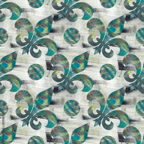 Fleur de lis pattern with abstract texture of green and blue colors drawn on a gray background