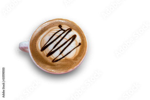 Top view of hot coffee cappuccino latte art foam isolated on white background.