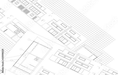 house architectural project facades plan 3d illustration