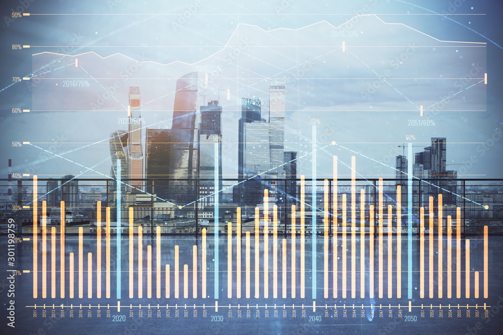 Forex graph hologram with city view from roof background. Double exposure. Stock market concept. Forex graph hologram with city view from roof background. Double exposure. Stock market concept.