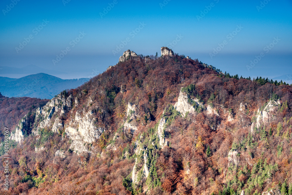 Obraz premium rock in autumn with fallen leaves on the ground, slovakia, sulovske rocks