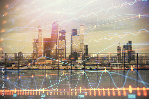 Forex graph hologram with city view from roof background. Double exposure. Financial analysis concept.