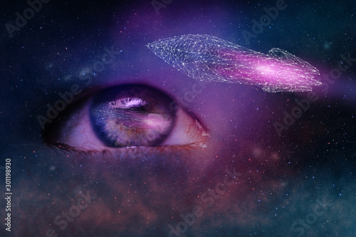 Close up Abstract eye concept looking on a spaceship rocket. Nebula dust in infinite space backgroud. Mixed media. photo