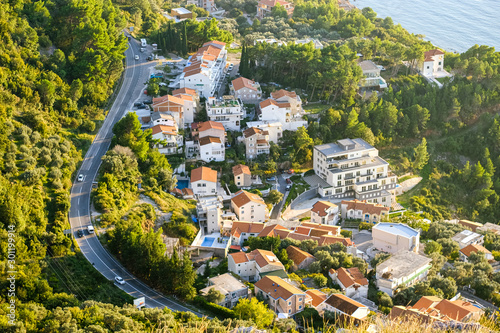 Budva coastlingon the adriatic coastline with budva old town and sveti stefan from an aerial perspective