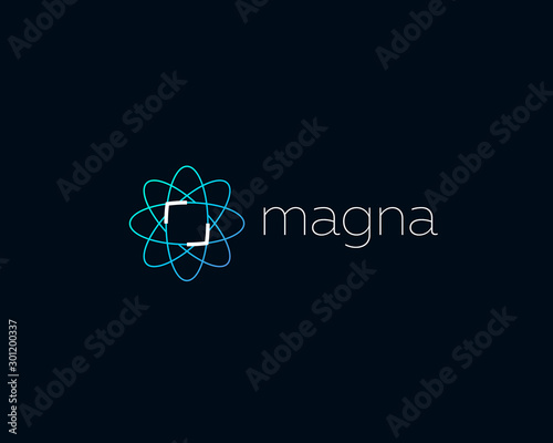 Abstract science atom logo icon design modern minimal style illustration. Photo video camera vector emblem sign symbol mark logotype