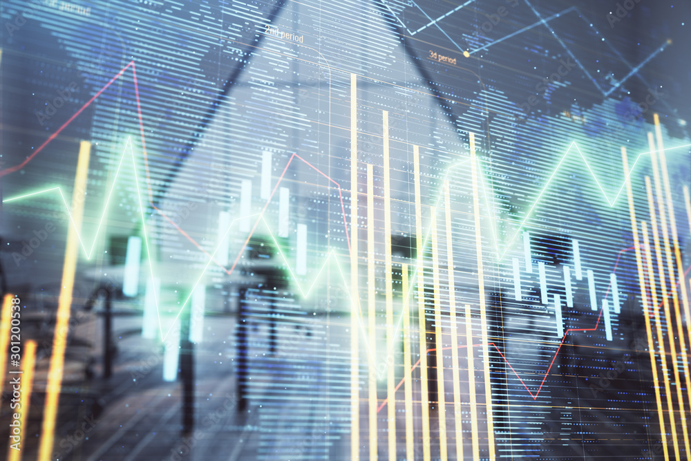 Double exposure of stock market graph with globe hologram on conference room background. Concept of international finance Double exposure of stock market graph with globe hologram on conference room background. Concept of international finance