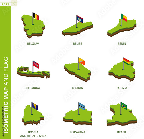 Set of 9 isometric map and flag, 3D vector isometric shape.