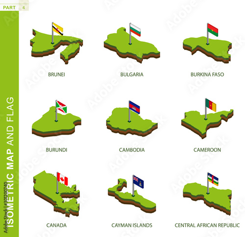 Set of 9 isometric map and flag, 3D vector isometric shape.
