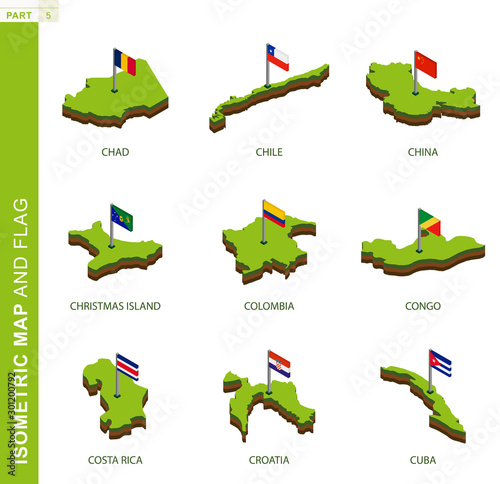 Set of 9 isometric map and flag, 3D vector isometric shape.