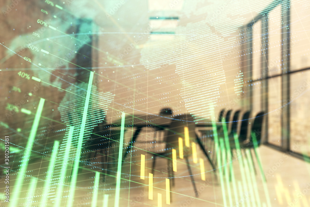 Fototapeta premium Double exposure of stock market graph with globe hologram on conference room background. Concept of international finance