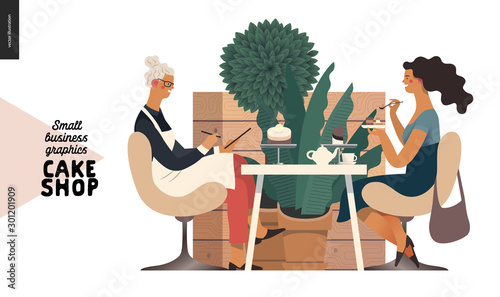 Cake shop, cakes on demand - small business graphics - baker and customer -modern flat vector concept illustrations -a seller filling in the demand form a customer sitting in the armchairs in the shop
