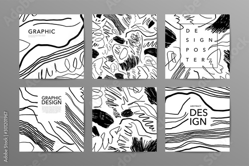 Monochrome abstract vector posters set. Scrabbles and curvy lines surface social media banners templates collection