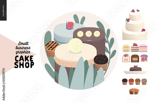 Cake shop, cakes on demand - small business graphics - menu icon -modern flat vector concept illustrations - a round badge with some cakes, the range of cakes, tarts, cupcakes - set