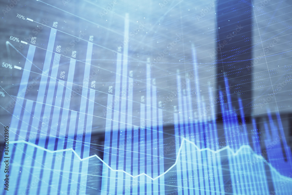 Double exposure of stock market graph on empty exterior background. Concept of analysis Double exposure of stock market graph on empty exterior background. Concept of analysis