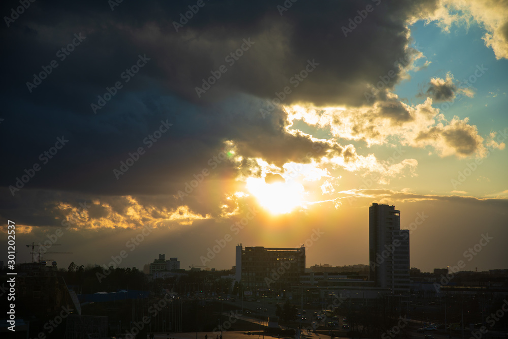 sunset over city