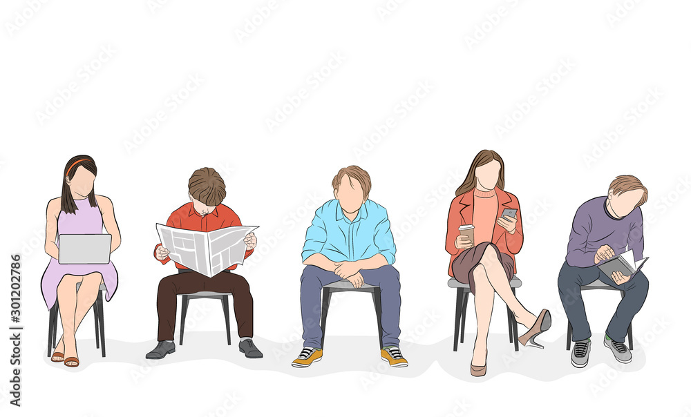 Obraz premium people are sitting on chairs. everyone is busy with his own business. vector illustration.