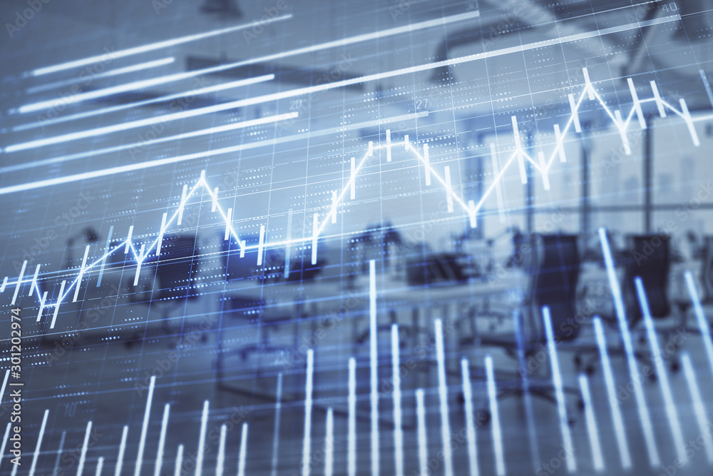 Stock and bond market graph with trading desk bank office interior on background. Multi exposure. Concept of financial analysis Stock and bond market graph with trading desk bank office interior on background. Multi exposure. Concept of financial analysis