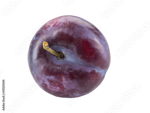 Smooth-skinned, mellow, purple plum fruit isolated on white background with copy space for text or images. Side view. Close-up shot.