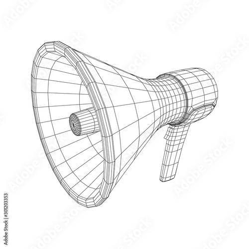 Megaphone or bullhorn for amplifying voice for protests rallies or public speaking. Wireframe low poly mesh vector illustration