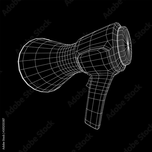 Megaphone or bullhorn for amplifying voice for protests rallies or public speaking. Wireframe low poly mesh vector illustration