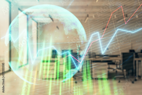 Wallpaper Mural Stock and bond market graph and world map with trading desk bank office interior on background. Multi exposure. Concept of international finance Torontodigital.ca
