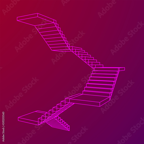 Wireframe stairs  interior staircases steps. Wireframe low poly mesh vector illustration.