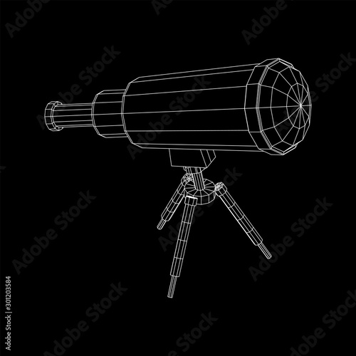 Astronomical telescope scientific instrument for exploring and discovering. Wireframe low poly mesh vector illustration.
