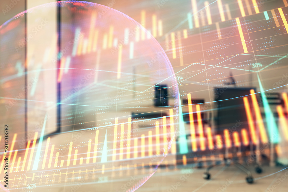 Stock and bond market graph and world map with trading desk bank office interior on background. Multi exposure. Concept of international finance Stock and bond market graph and world map with trading desk bank office interior on background. Multi exposure. Concept of international finance