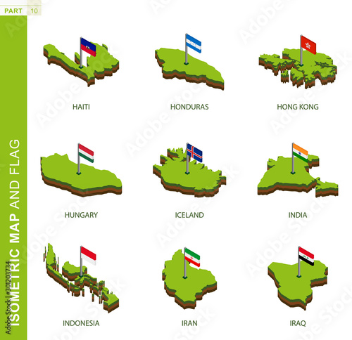 Set of 9 isometric map and flag, 3D vector isometric shape.