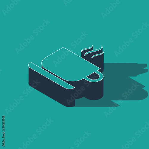 Isometric Coffee cup icon isolated on green background. Tea cup. Hot drink coffee. Vector Illustration