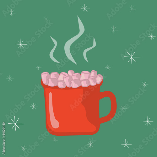 Christmas illustration of a red cup with marshmallow. Cup with a sweet hot drink and snow. Winter cozy elements for wallpaper  cards and banners.