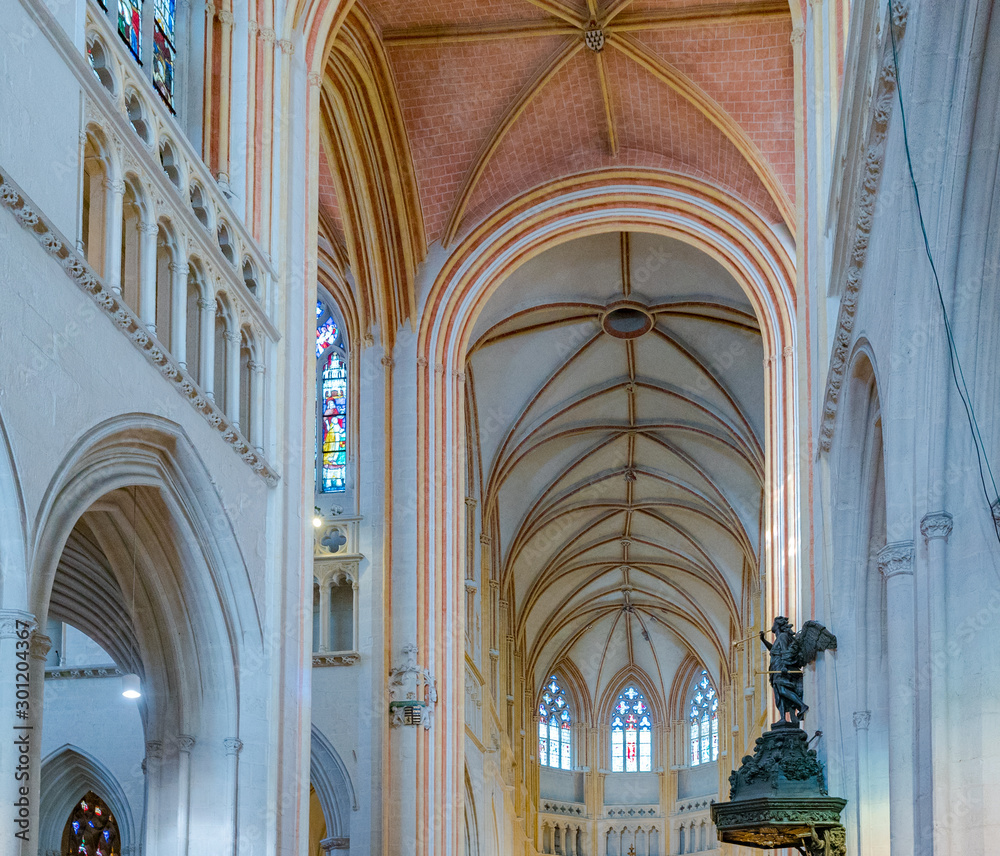 interior view of the Cathedral of Saint Corentin, Quimper in Brittany with a view of the ceiling