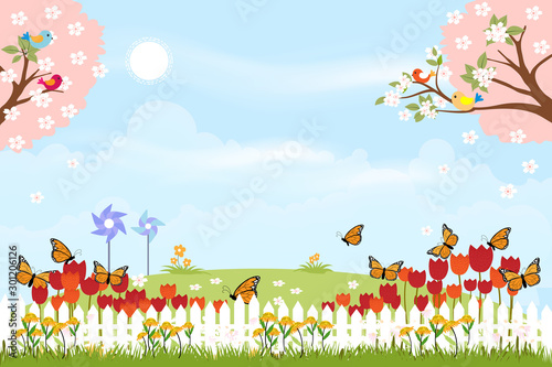 Cute cartoon card for spring season with butterfly flying over tulips field, illustration Summer creative  background with copy space,Template for your text. Nature landscape with blue sky