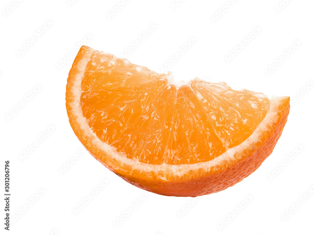 Slice of a ripe orange isolated on white background with copy space for text or images. Fruit with juicy flesh. Side view. Close-up shot. Slice of a ripe orange isolated on white background with copy space for text or images. Fruit with juicy flesh. Side view. Close-up shot.