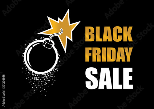 Black Friday Sale Bomb vector. Black Friday explosion vector. Bomb explosion icon. Golden bomb on a dark background. Label for Black Friday. Black Friday Wholesale Bomb Poster