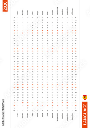 Spanish one row vertical calendar 2020, monday first day of the week.