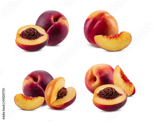 Set of smooth-skinned whole nectarines and parts with kernels and without them isolated on white background with copy space. Close-up.