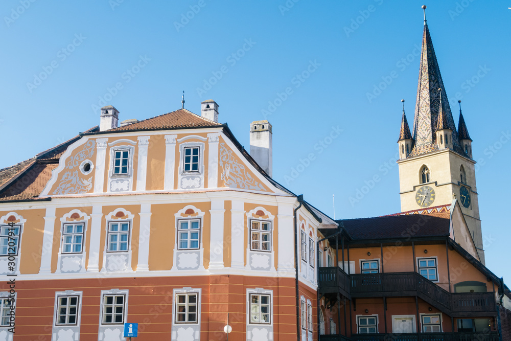 Sibiu, Romania - 5 Nov, 2019: Buildings facade in Sibiu, Transylvania, Romania.