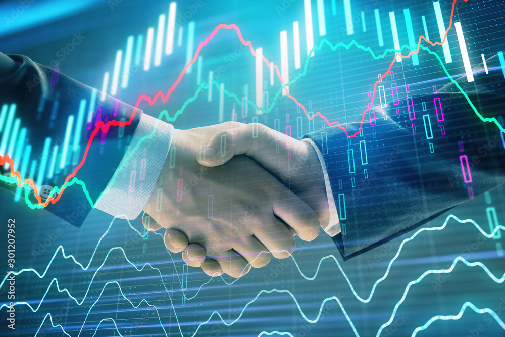 Multi exposure of forex graph on abstract background with two businessmen handshake. Concept of success on stock market Multi exposure of forex graph on abstract background with two businessmen handshake. Concept of success on stock market