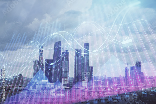 Double exposure of financial graph on downtown veiw background. Concept of stock market research and analysis