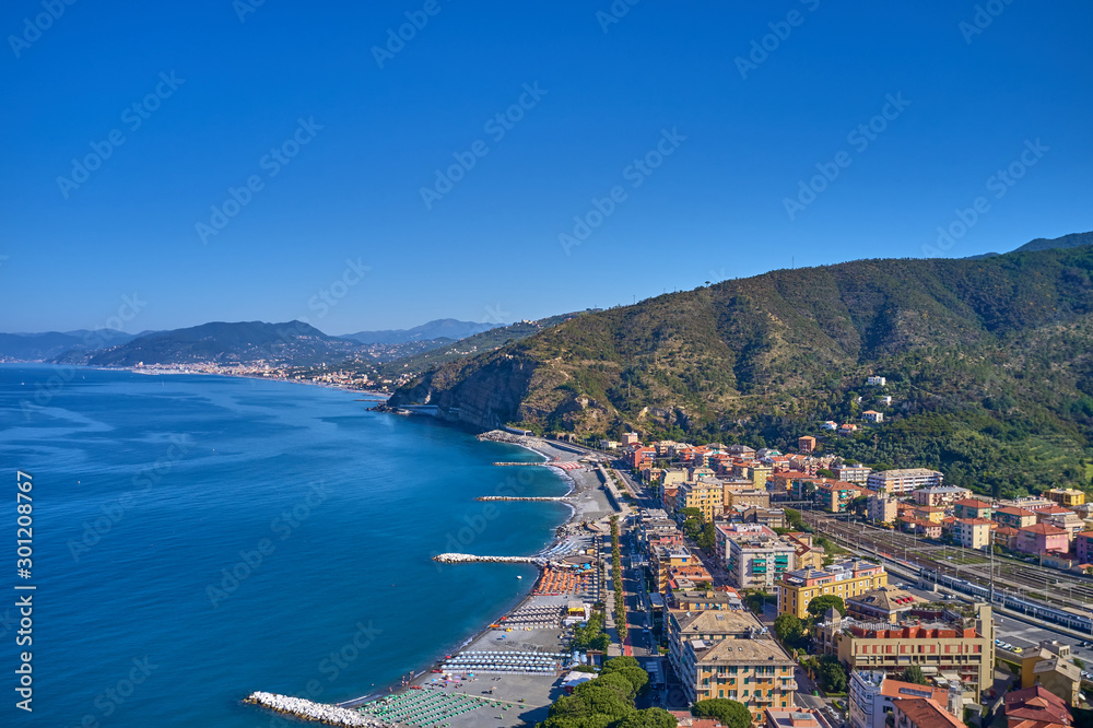 Panoramic aerial view of the resort town of Sestri Levante, Italy. Coastline, boats on the water. Summer season