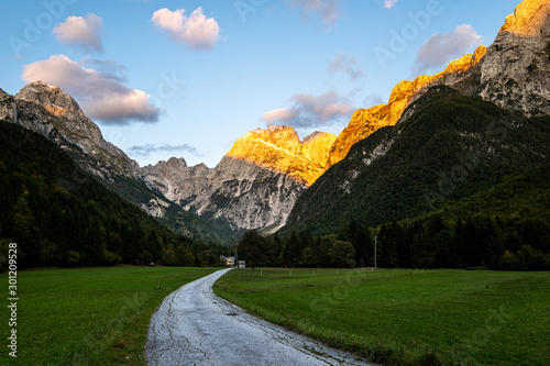 Koritnica Valley nearlog pod mangartom in the northern part of slovenia located in soca region bovec photo